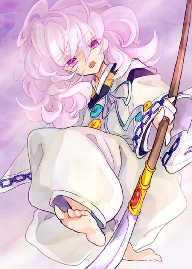 Hakudoshi 桌布 壁紙 — 一位粉紅色頭髮的動漫女孩穿著白色長袍，在柔和的紫色背景下拿著法杖，表情驚訝。