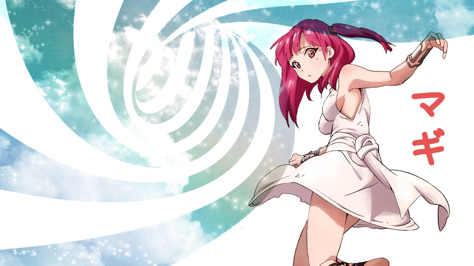 magi the kingdom of magic 桌布 壁紙 — 一位粉紅色頭髮的動漫女孩穿著白色連衣裙，在帶有日文字樣的漩渦天空背景下動態跳躍。