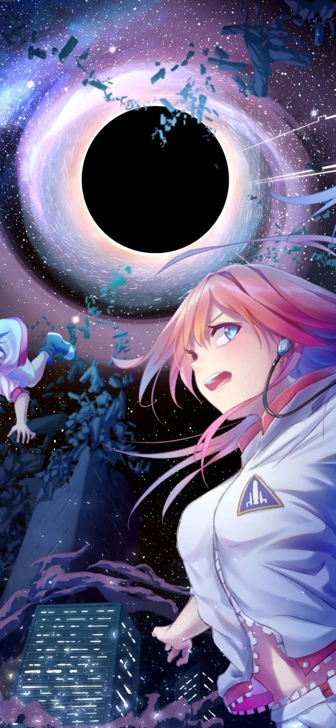 animecore 桌布 壁紙 — 一位粉紅色頭髮的動漫女孩穿著白色外套，站在一個宇宙黑洞前，周圍有漂浮的碎片和下方的城市景觀。