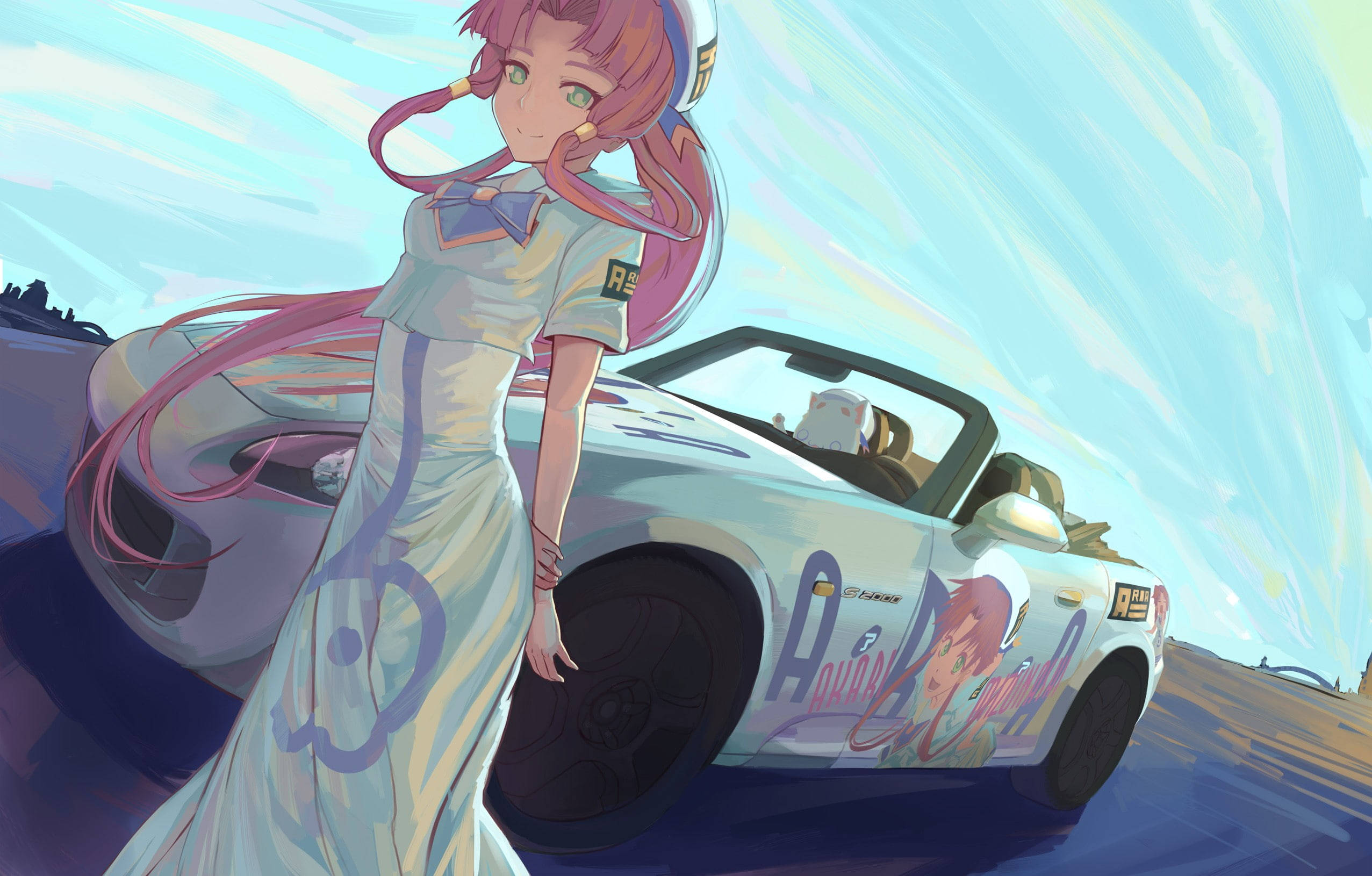 動漫車 桌布 壁紙 — 一位粉紅色頭髮的動漫女孩穿著白色連衣裙，站在一輛訂製的淺藍色敞篷車旁，臉部朝向駕駛座。