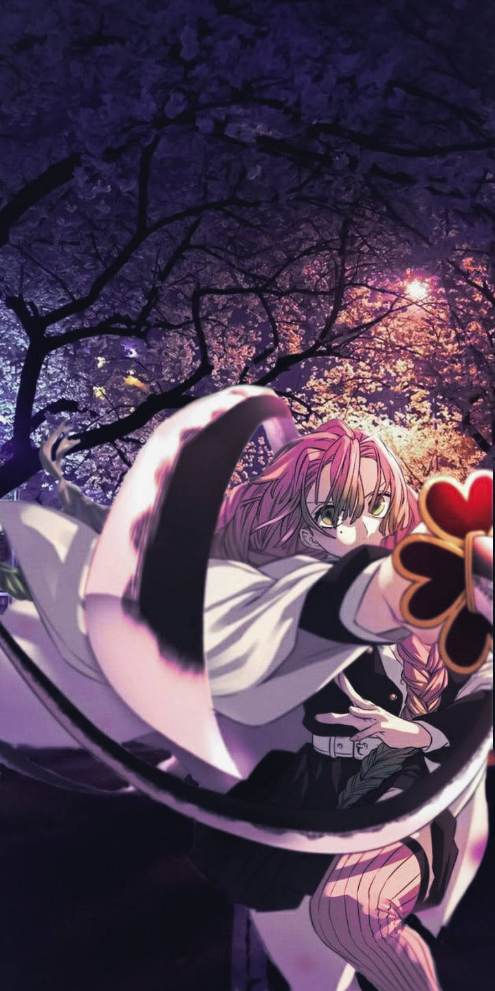 Mitsuri 桌布 壁紙 — 一位粉紅色頭髮的動漫女孩穿著白色和服，在黃昏的櫻花樹下揮舞著發光的劍。
