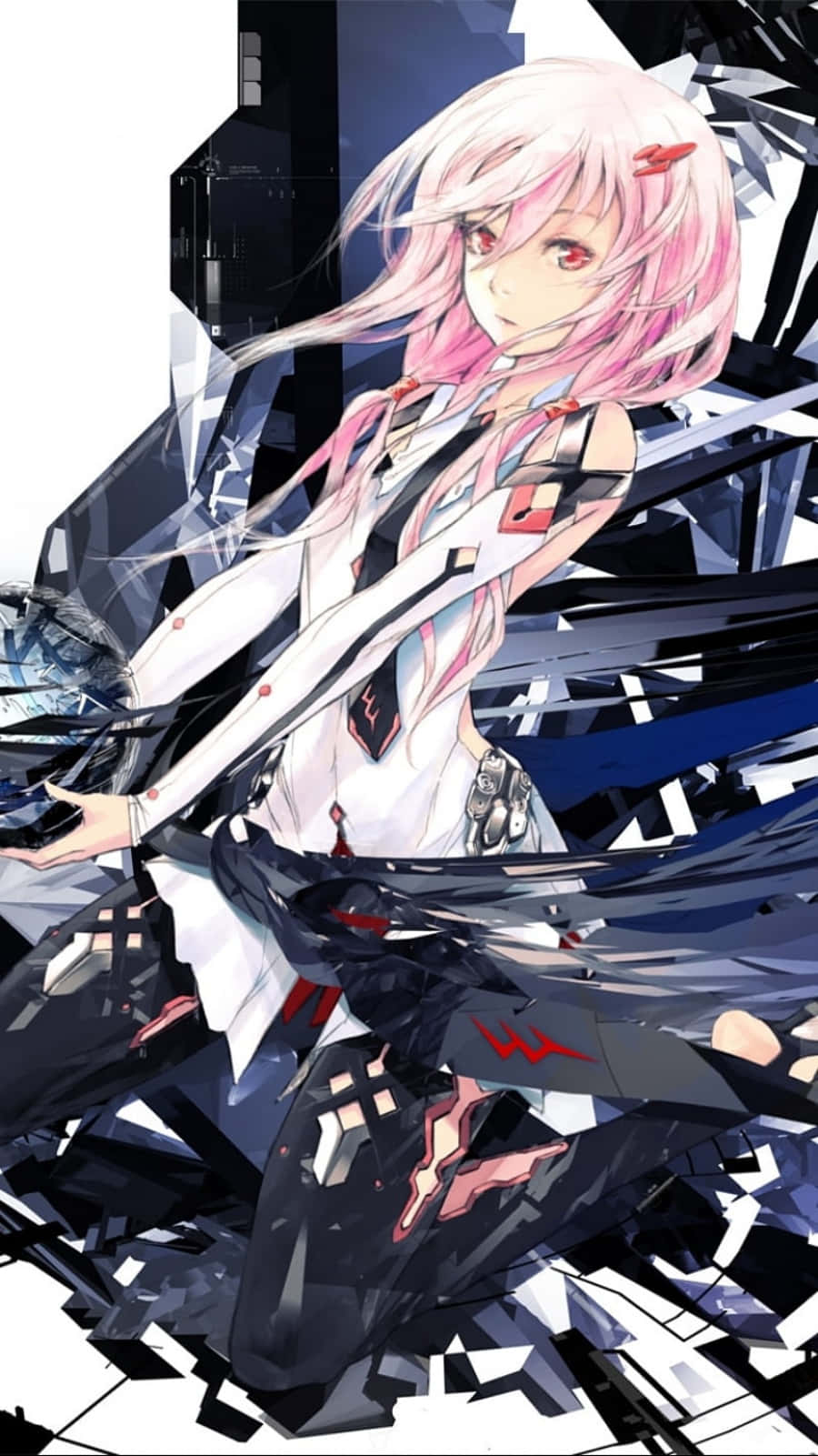 Guilty Crown 桌布 壁紙 — 一位粉紅色頭髮的動漫女孩穿著白色和黑色的服裝，站在破碎的玻璃碎片中，背景是黑暗的城市。