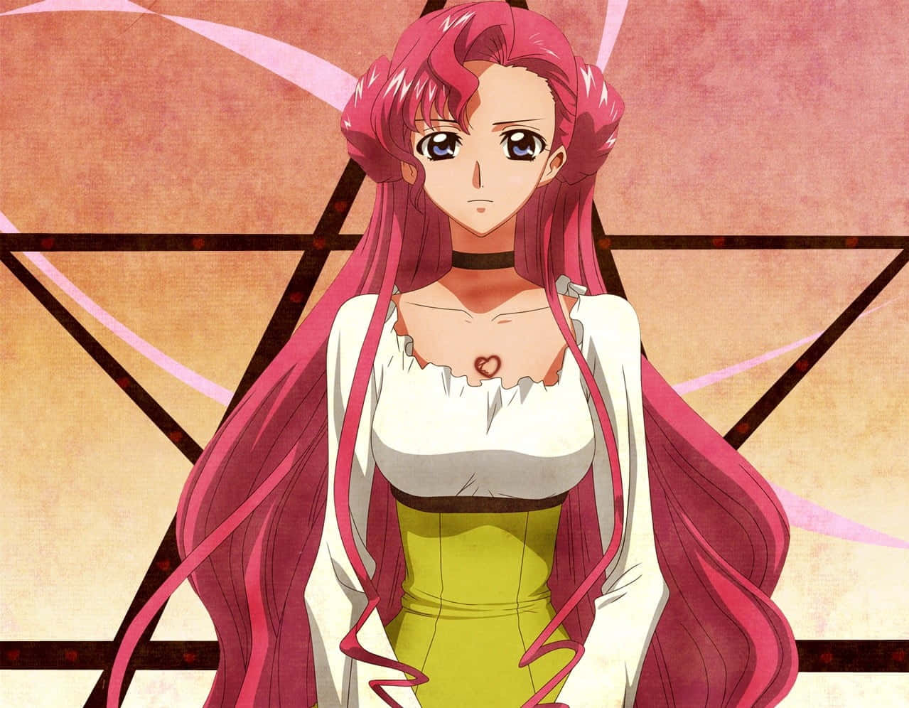 Euphemia Li Britannia 桌布 壁紙 — 一位粉紅色頭髮的動漫女孩穿著白色和綠色的連衣裙，站在星形框架前，背景是柔和的粉紅色和米色。
