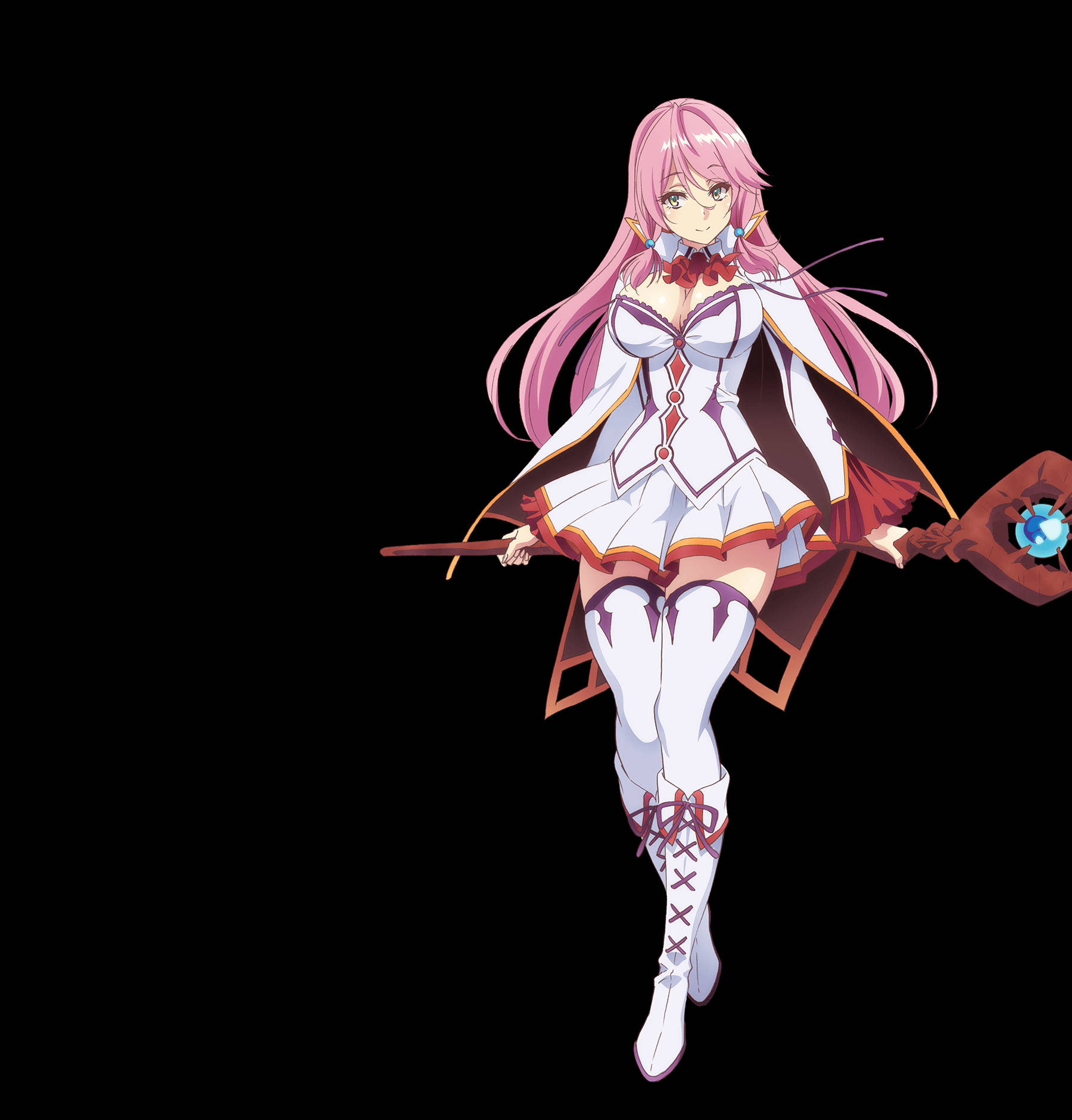 Healer 桌布 壁紙 — 一位粉紅色頭髮的動漫女孩穿著白色和紅色的法師服裝，在黑色背景前手持一根帶有發光藍色球體的法杖。