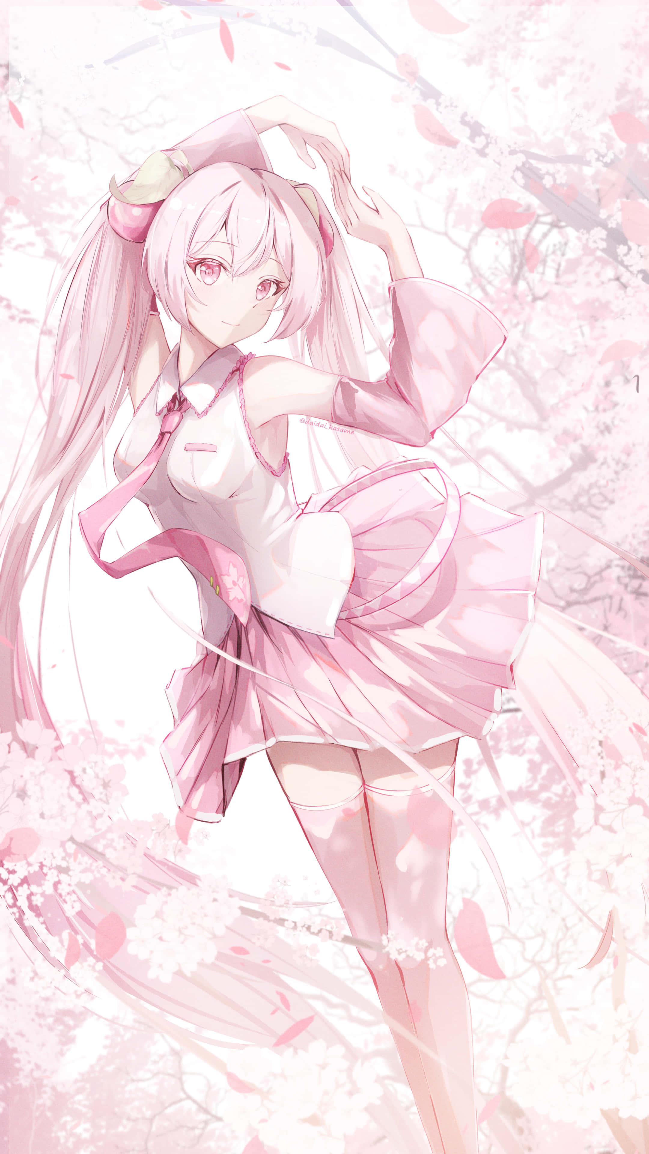 Sakura Miku 桌布 壁紙 — 一位粉紅色頭髮的動漫女孩穿著粉紅色服裝，在飄落的櫻花中跳舞，置身於柔和的粉彩夢境中。
