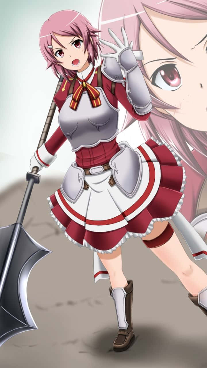 Sword Art Online Lisbeth 桌布 壁紙 — 一位粉紅色頭髮的動漫女孩穿著紅白盔甲，揮舞著一把大斧頭，表情驚慌。