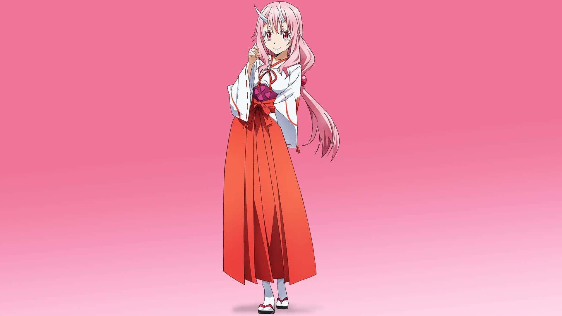 That Time I Got Reincarnated As A Slime 桌布 壁紙 — 一位粉紅色頭髮的動漫女孩穿著紅白和服，站在柔和的粉紅色漸變背景前。