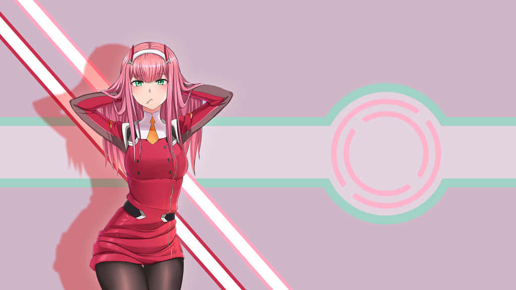 DARLING in the FRANXX 桌布 壁紙 — 一位粉紅色頭髮的動漫女孩穿著紅色服裝，在帶有發光幾何線條的柔和背景前自信地擺姿勢。