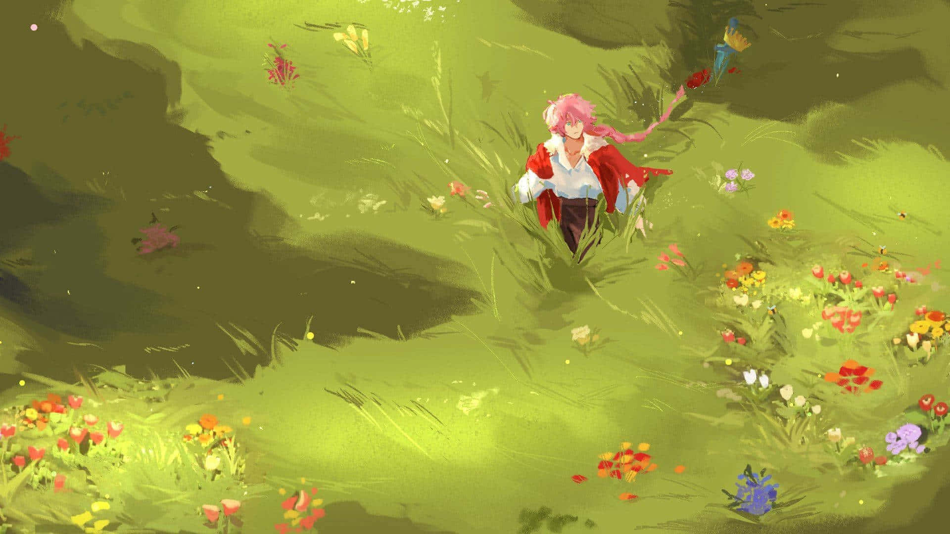 Minecraft Characters 桌布 壁紙 — 一位粉紅色頭髮的動漫女孩穿著紅色斗篷，走過陽光明媚、開滿五顏六色野花的草地。