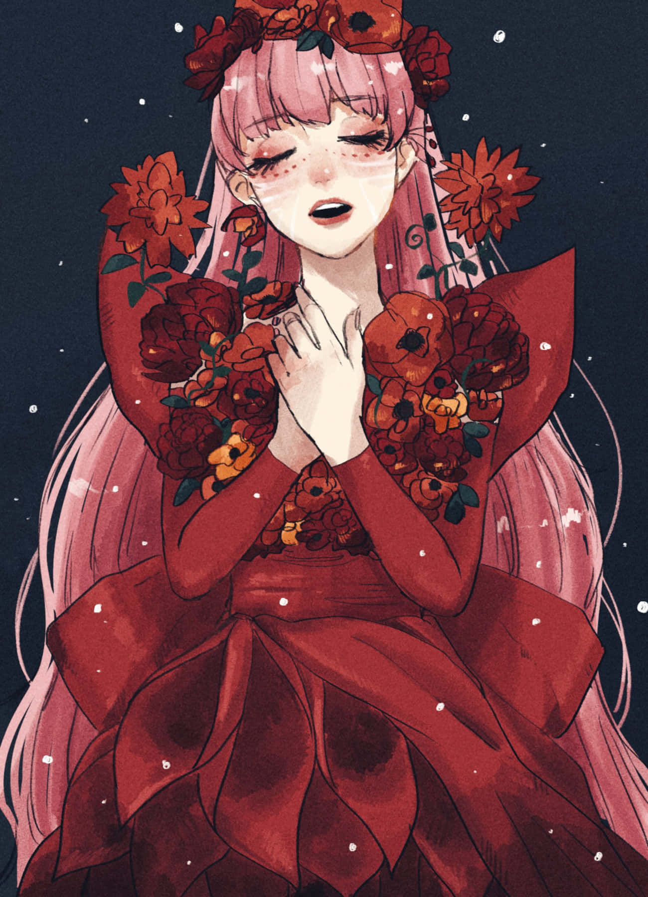 美女與野獸 桌布 壁紙 — 一位粉紅色頭髮的動漫女孩穿著紅色花卉長袍，在星空下合攏雙手。