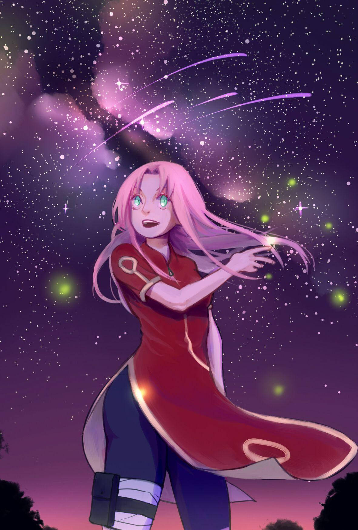 Sakura 桌布 壁紙 — 一位粉紅色頭髮的動漫女孩穿著紅色服裝，站在繁星點點的紫色天空下，伸出雙手召喚發光的綠色能量。