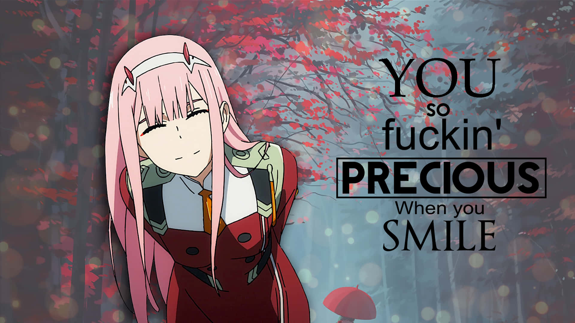 Zero Two Aesthetic 桌布 壁紙 — 一位粉紅色頭髮的動漫女孩穿著紅色外套，在紅葉林中微笑，並有粗體文字疊加。