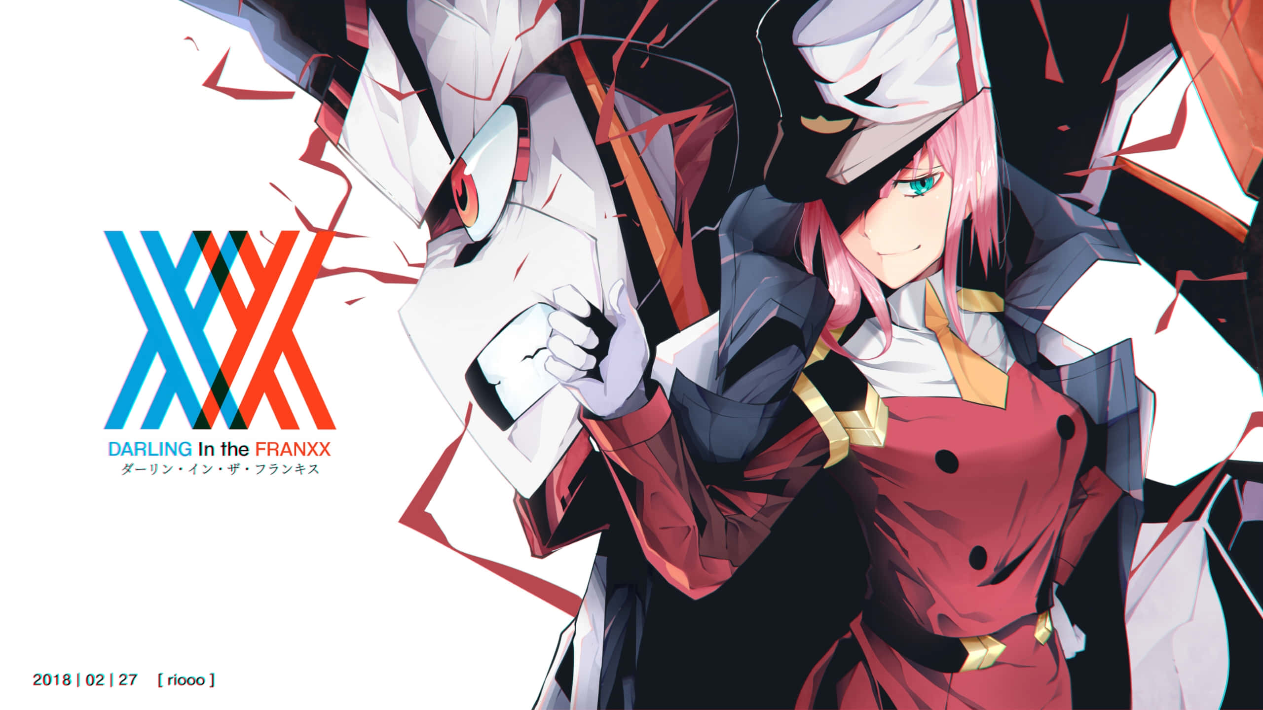 DARLING in the FRANXX 桌布 壁紙 — 一位粉紅色頭髮的動漫女孩穿著紅色外套，站在一個帶有紅色點綴的白色面具人物旁邊，背景是純白色。