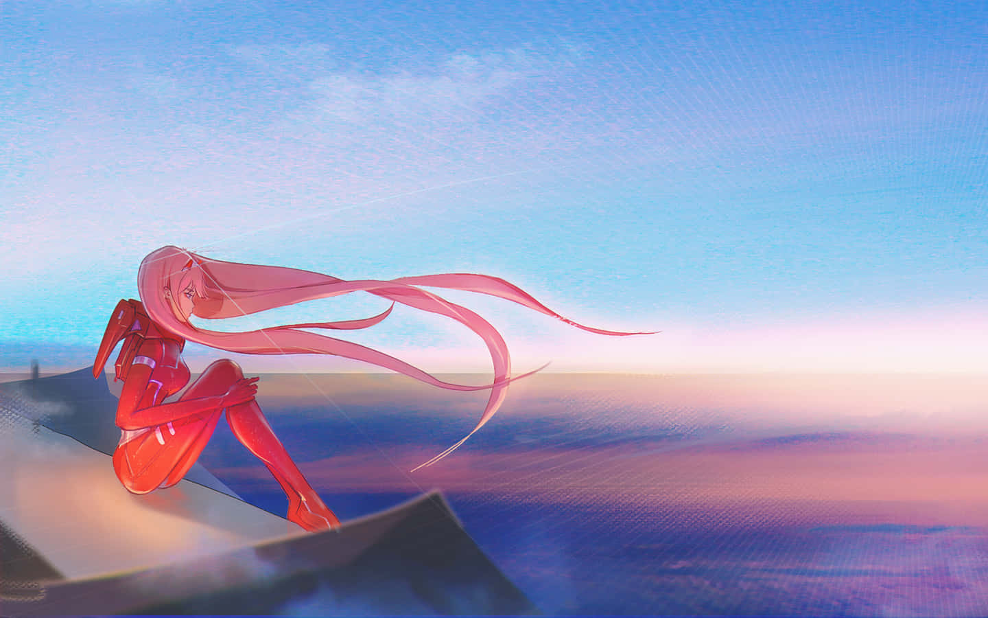 DARLING in the FRANXX 桌布 壁紙 — 一位粉紅色頭髮的動漫女孩穿著紅色服裝，坐在懸崖頂上，俯瞰著廣闊的海洋，在柔和的藍天下，夕陽西下。