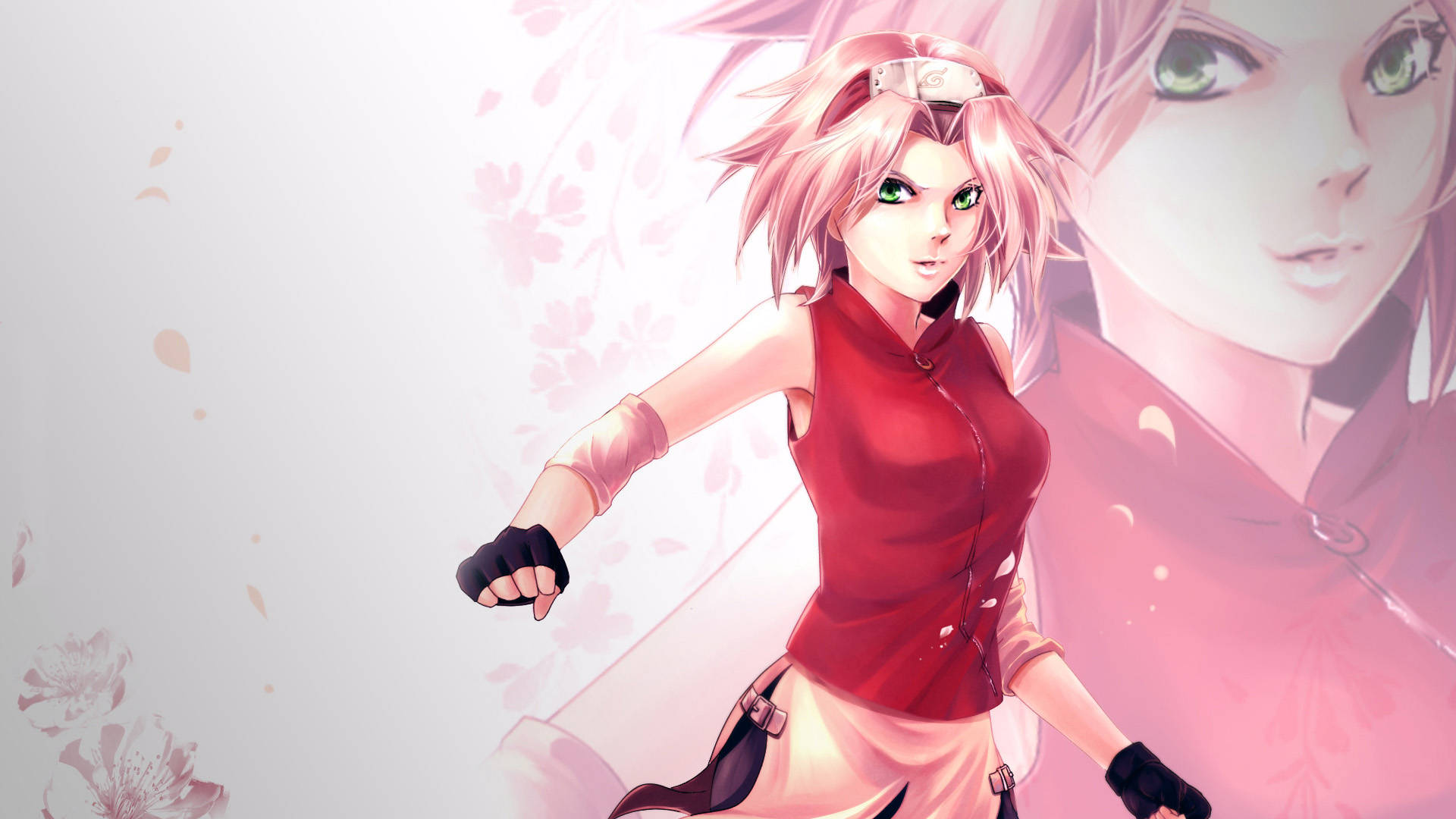 Sakura 桌布 壁紙 — 一位粉紅色頭髮的動漫女孩穿著紅色上衣，在柔和的粉紅色櫻花背景下擺出動態姿勢。