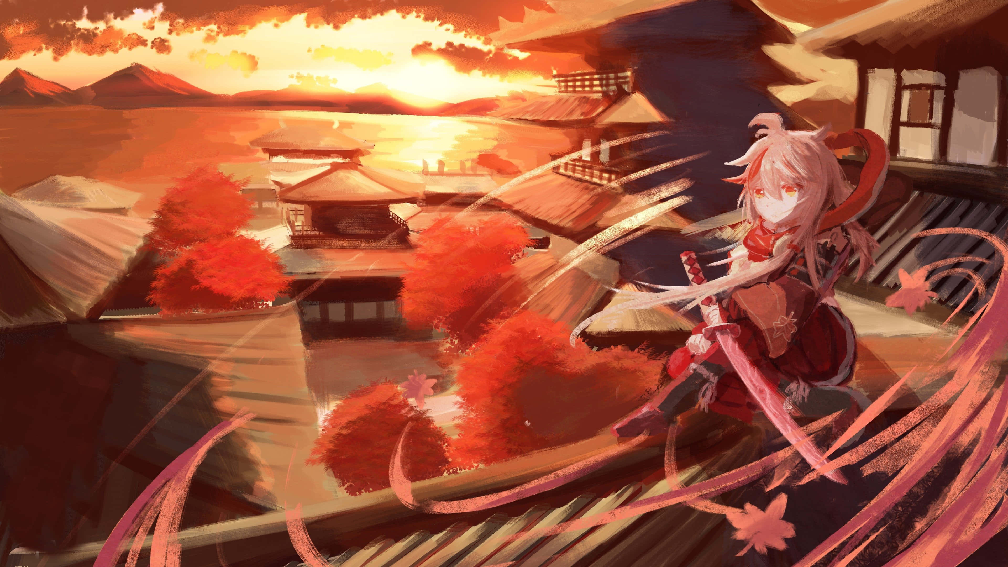 video games 桌布 壁紙 — 一位粉紅色頭髮的動漫女孩穿著紅色武士服，站在傳統的日本屋頂上，夕陽西下，周圍是火紅的楓樹和橙色的天空。