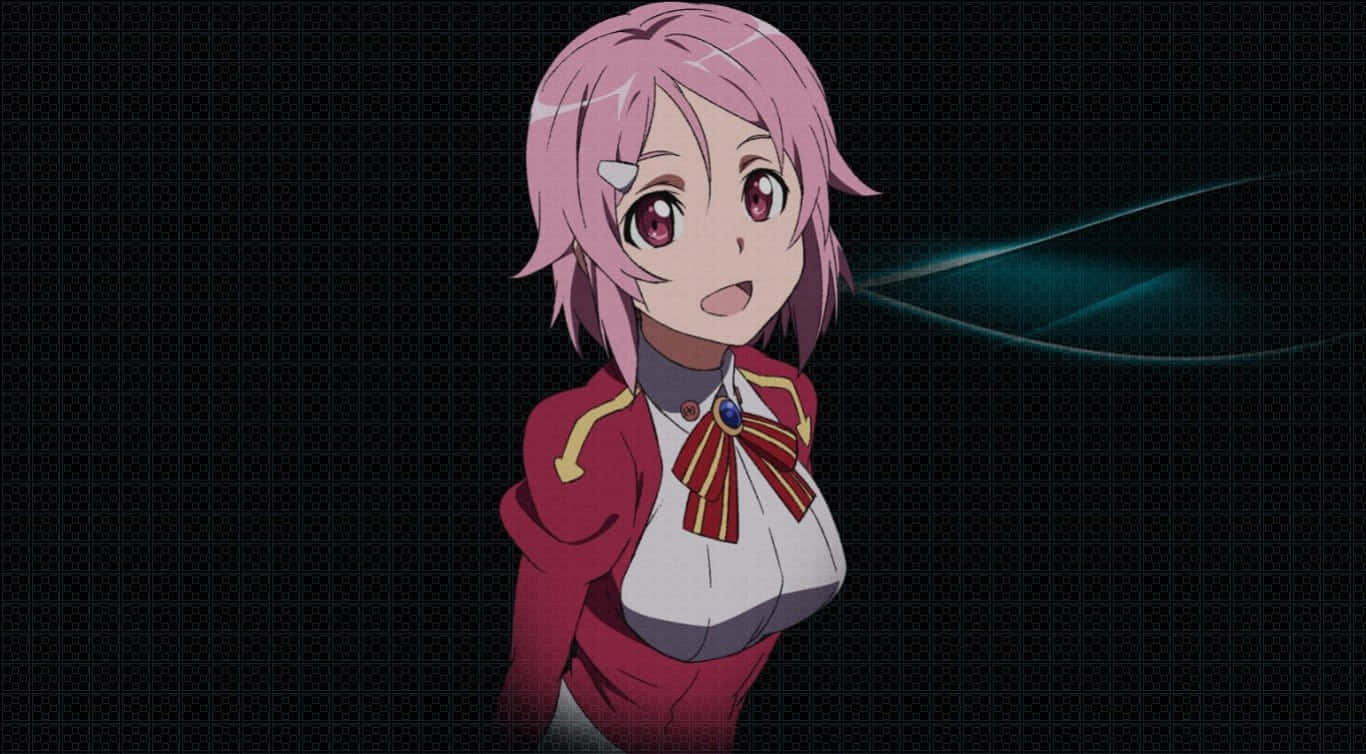 Sword Art Online Lisbeth 桌布 壁紙 — 一位粉紅色頭髮的動漫女孩穿著紅色制服，在黑暗的網格背景中微笑，周圍有發光的藍色能量。