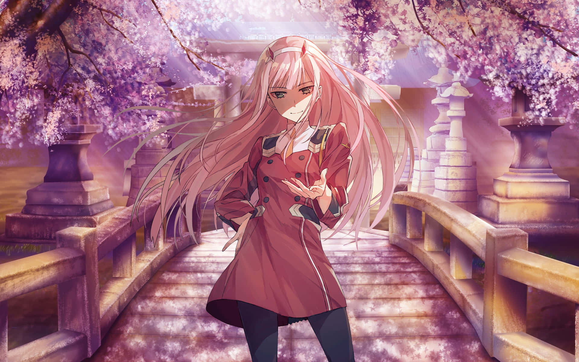 動漫女孩 桌布 壁紙 — 一位粉紅色頭髮的動漫女孩穿著紅色外套，站在石橋上，下方盛開的櫻花伴隨著柔和的紫色光線。
