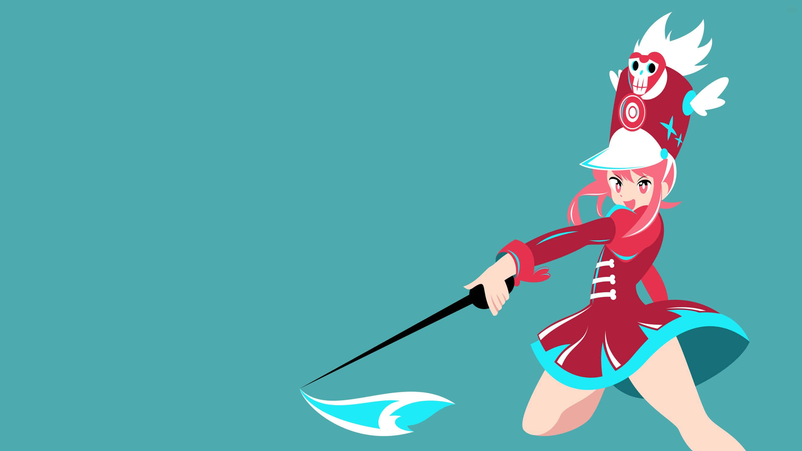 Nonon Jakuzure 桌布 壁紙 — 一位粉紅色頭髮的動漫女孩穿著紅色服裝，在青綠色背景上揮舞著帶有藍色能量軌跡的劍。