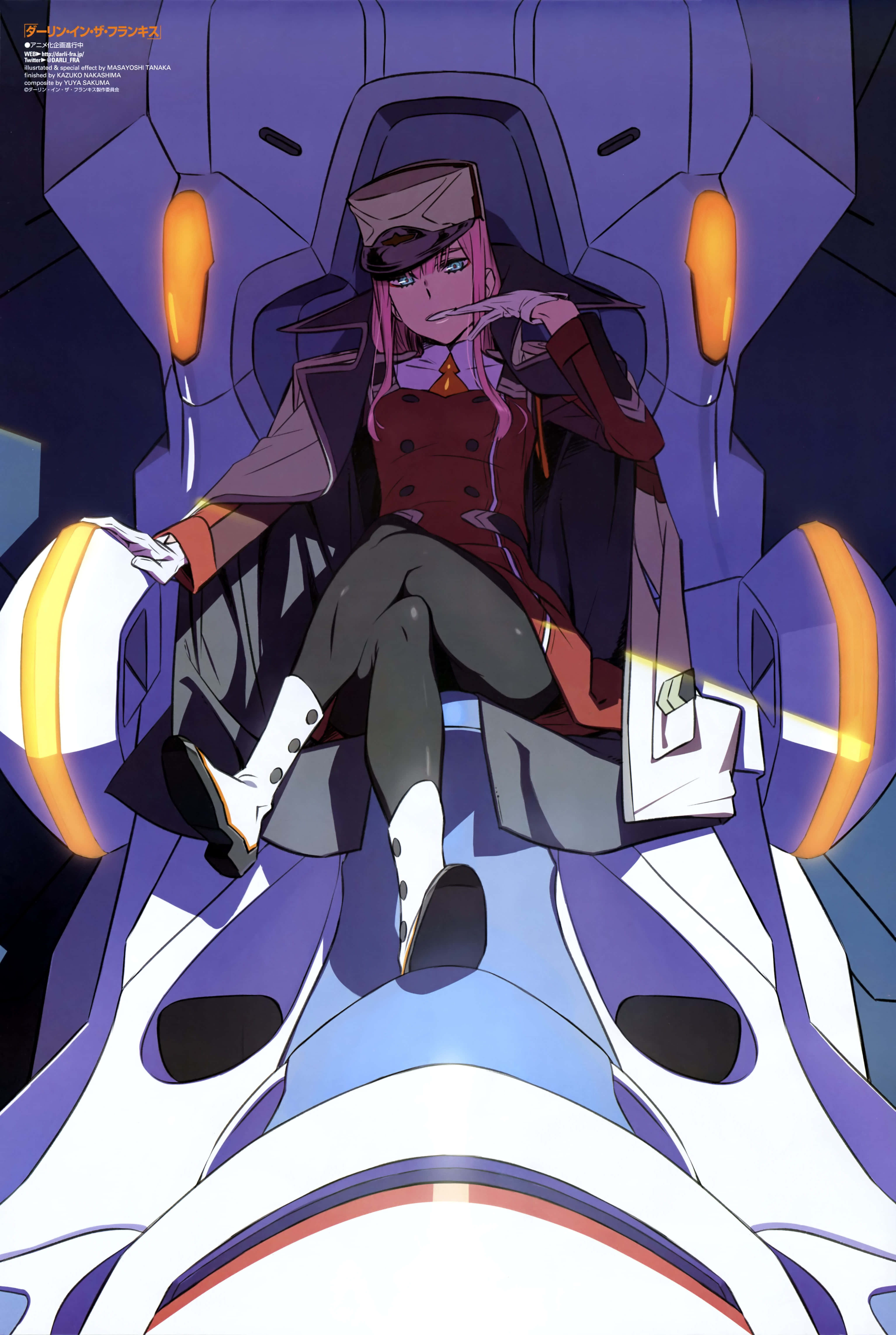 Darling In The Franxx Phone 桌布 壁紙 — 一位粉紅色頭髮的動漫女孩穿著紅色外套，自信地坐在未來風格的紫色和白色機甲駕駛艙內，周圍有發光的橙色燈光。