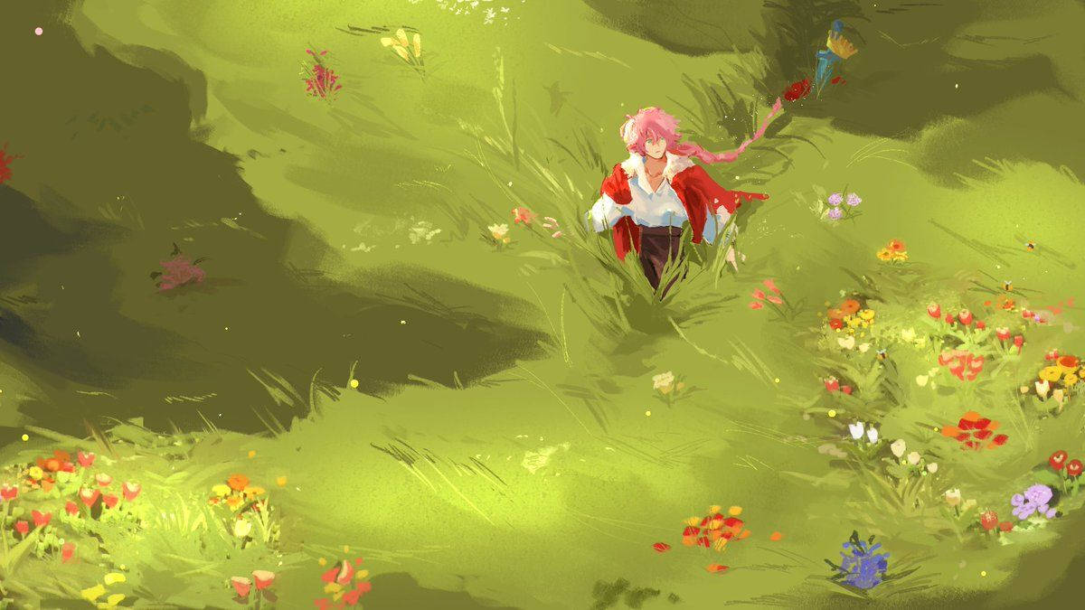 Mcyt 桌布 壁紙 — 一位粉紅色頭髮的動漫女孩穿著紅色外套，走過陽光明媚、開滿五顏六色野花的草地。