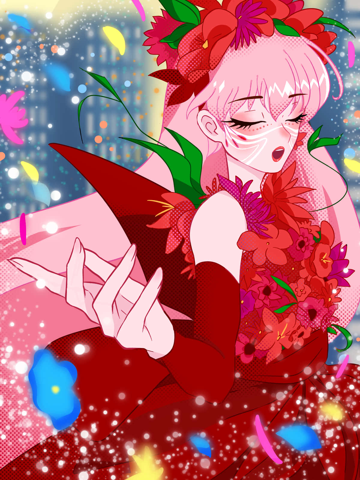 美女與野獸 桌布 壁紙 — 一位粉紅色頭髮的動漫女孩穿著紅色花卉連衣裙，閉著眼睛微笑，彩色花瓣和燈光在她周圍飄浮。