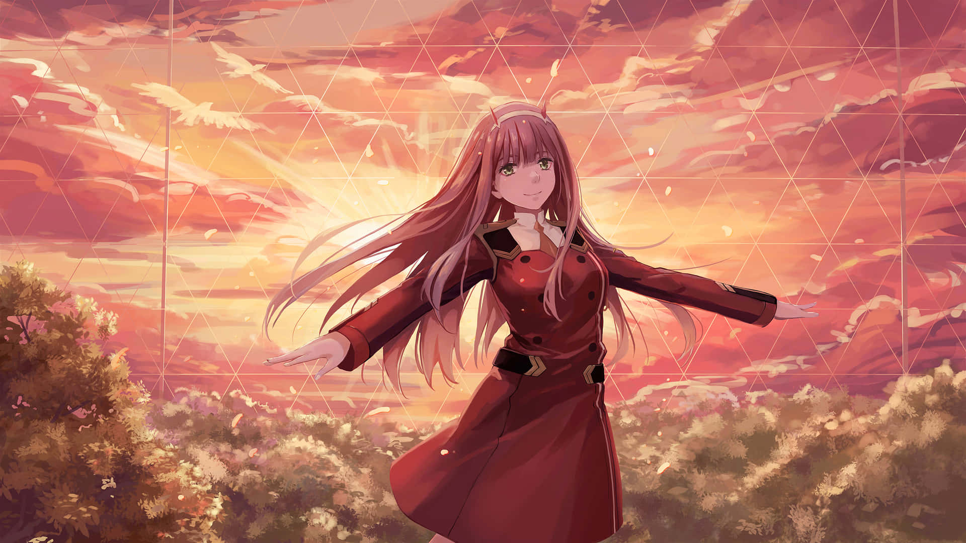 DARLING in the FRANXX 桌布 壁紙 — 一位粉紅色頭髮的動漫女孩穿著紅色外套，張開雙臂，站在充滿幾何疊加的鮮豔日落天空前。
