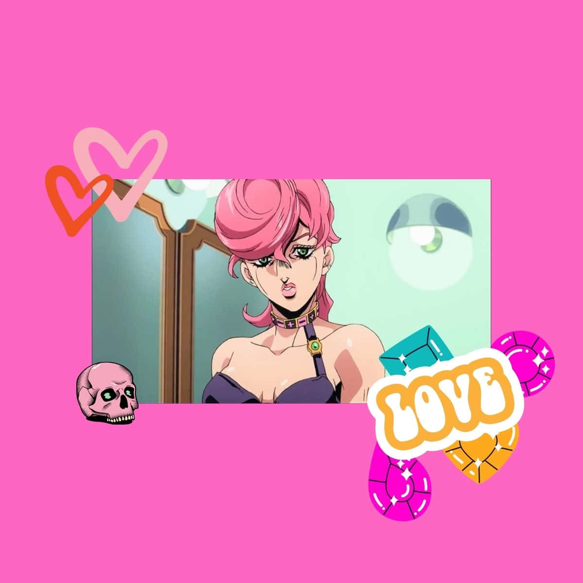 Trish Una 桌布 壁紙 — 一位粉紅色頭髮的動漫女孩穿著紫色上衣，在充滿心形、骷髏頭和閃亮愛情文字的鮮豔粉紅色背景中自信地凝視著鏡子。