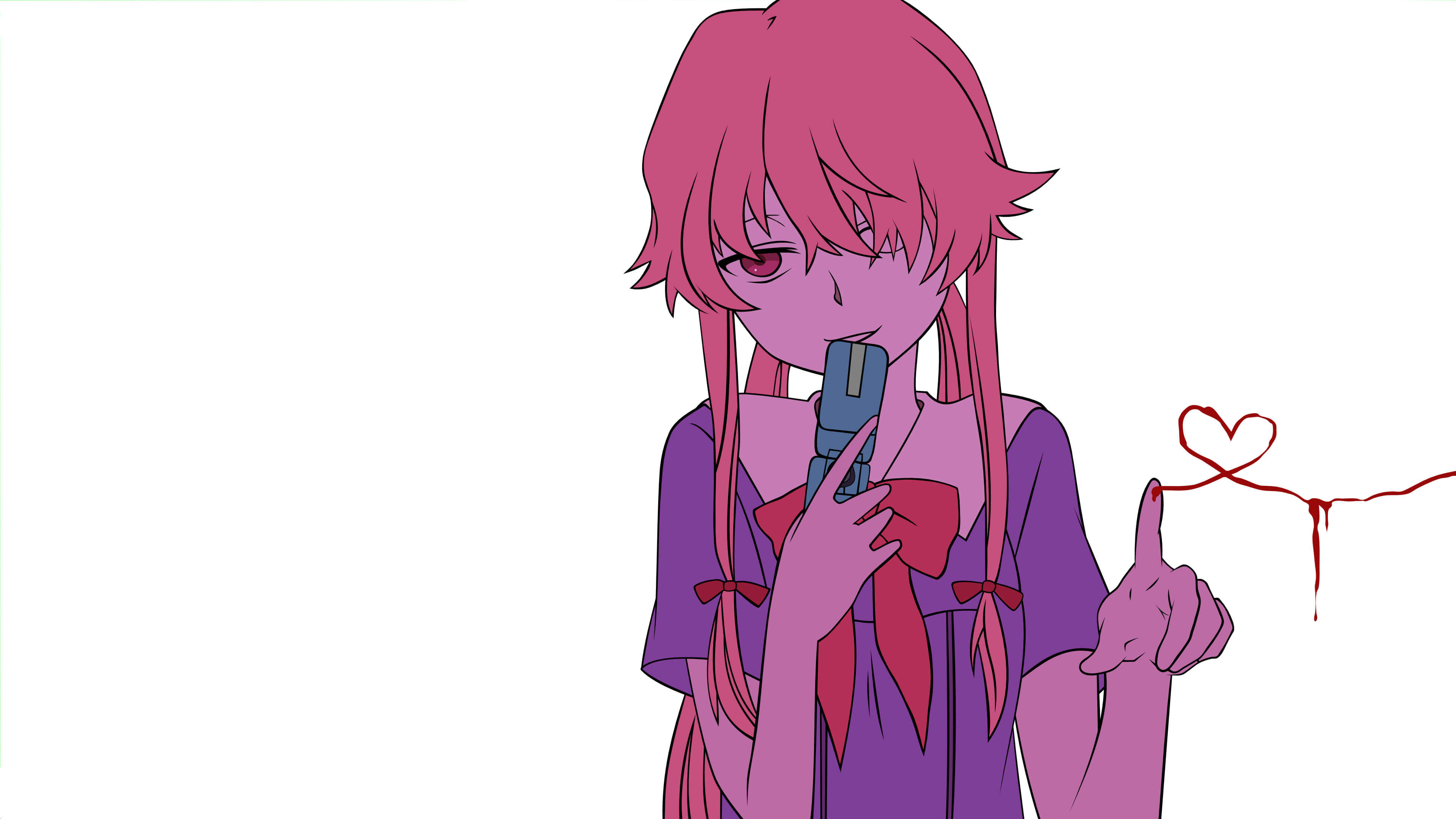 Yuno 桌布 壁紙 — 一位粉紅色頭髮的動漫女孩穿著紫色衣服，將手機貼在嘴唇上，同時用手指畫出一個滴落的心形。