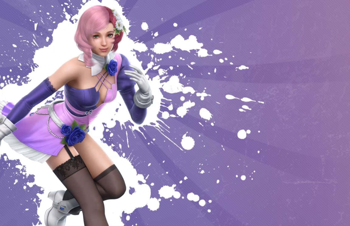Tekken Characters 桌布 壁紙 — 一位粉紅色頭髮的動漫女孩穿著紫色服裝，在充滿活力的紫色和白色潑濺背景前動態擺姿勢。