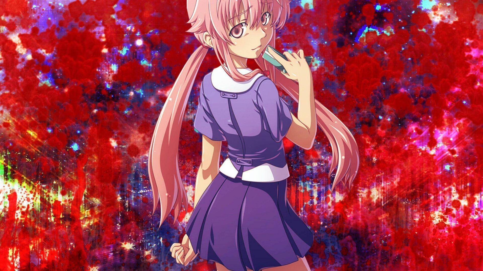 Yuno 桌布 壁紙 — 一位粉紅色頭髮的動漫女孩穿著紫色校服，自信地站在充滿活力的紅藍抽象數位背景前。