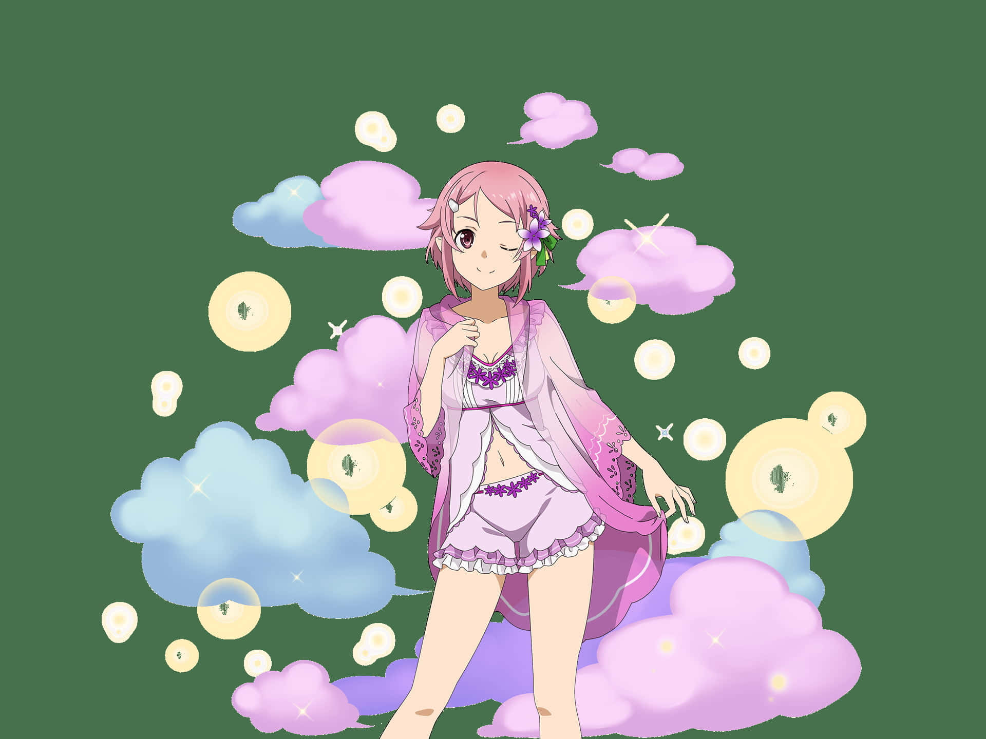 Sword Art Online Lisbeth 桌布 壁紙 — 一位粉紅色頭髮的動漫女孩穿著紫色服裝，站在浮雲和發光球體之間，背景為綠色。