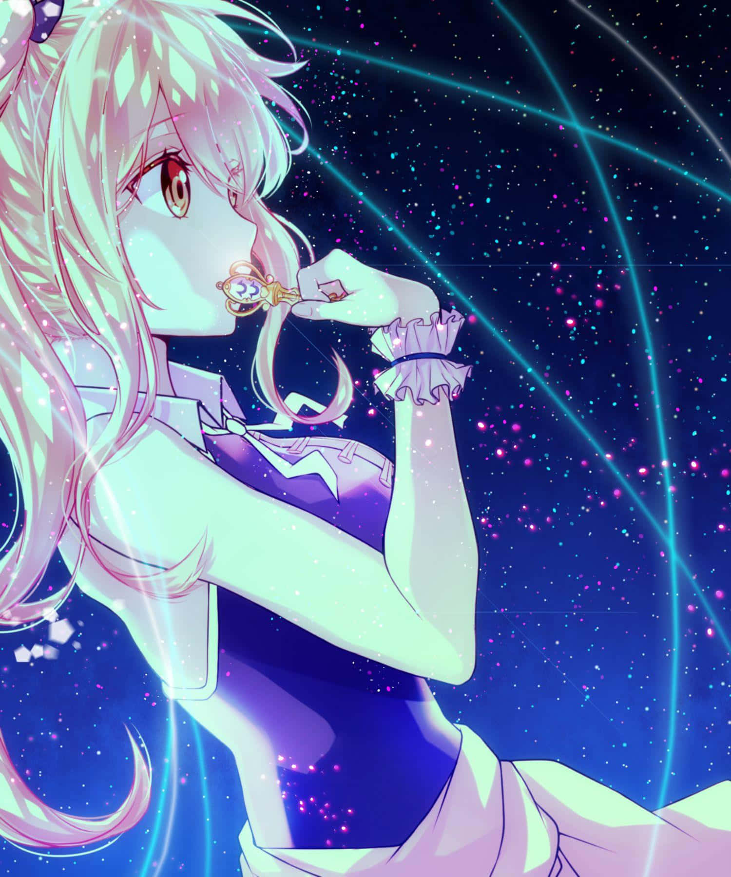 lucy heartfilia 桌布 壁紙 — 一位粉紅色頭髮的動漫女孩穿著紫色連衣裙，在星光宇宙背景和霓虹光軌中拿著發光的鑰匙。
