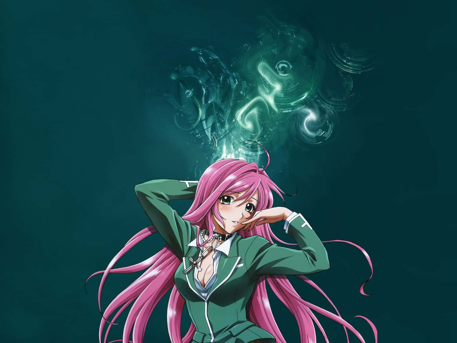 桌布 壁紙 — 一位粉紅色頭髮的動漫女孩穿著綠色制服，在深藍綠色背景上，自信地擺姿勢，發光的綠色能量在她頭頂旋轉。