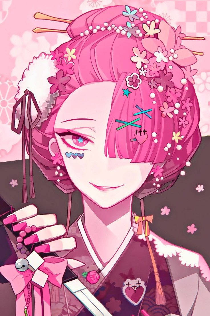 動漫女孩 桌布 壁紙 — 一位粉紅色頭髮的動漫女孩穿著花卉和服，微笑著，頭飾上有心形主題配飾和櫻花。