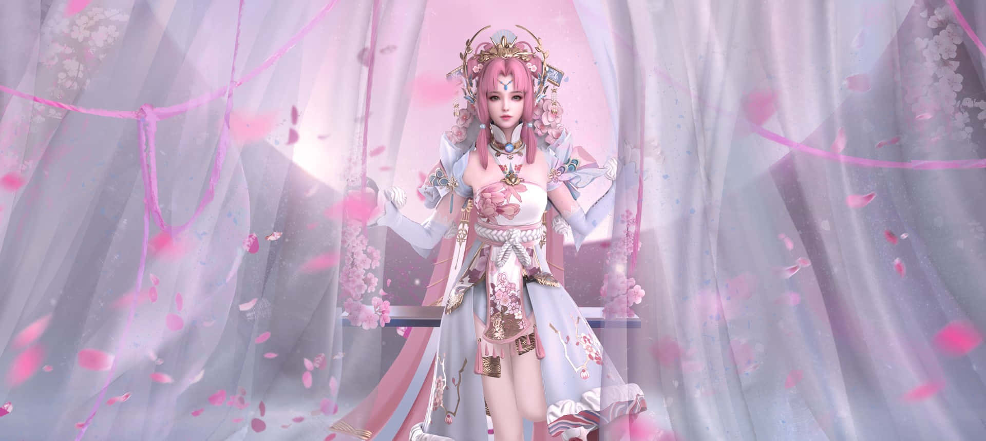 character design 桌布 壁紙 — 一位粉紅色頭髮的動漫女孩穿著花卉服裝，優雅地站在飄落的櫻花和薄紗窗簾之間。