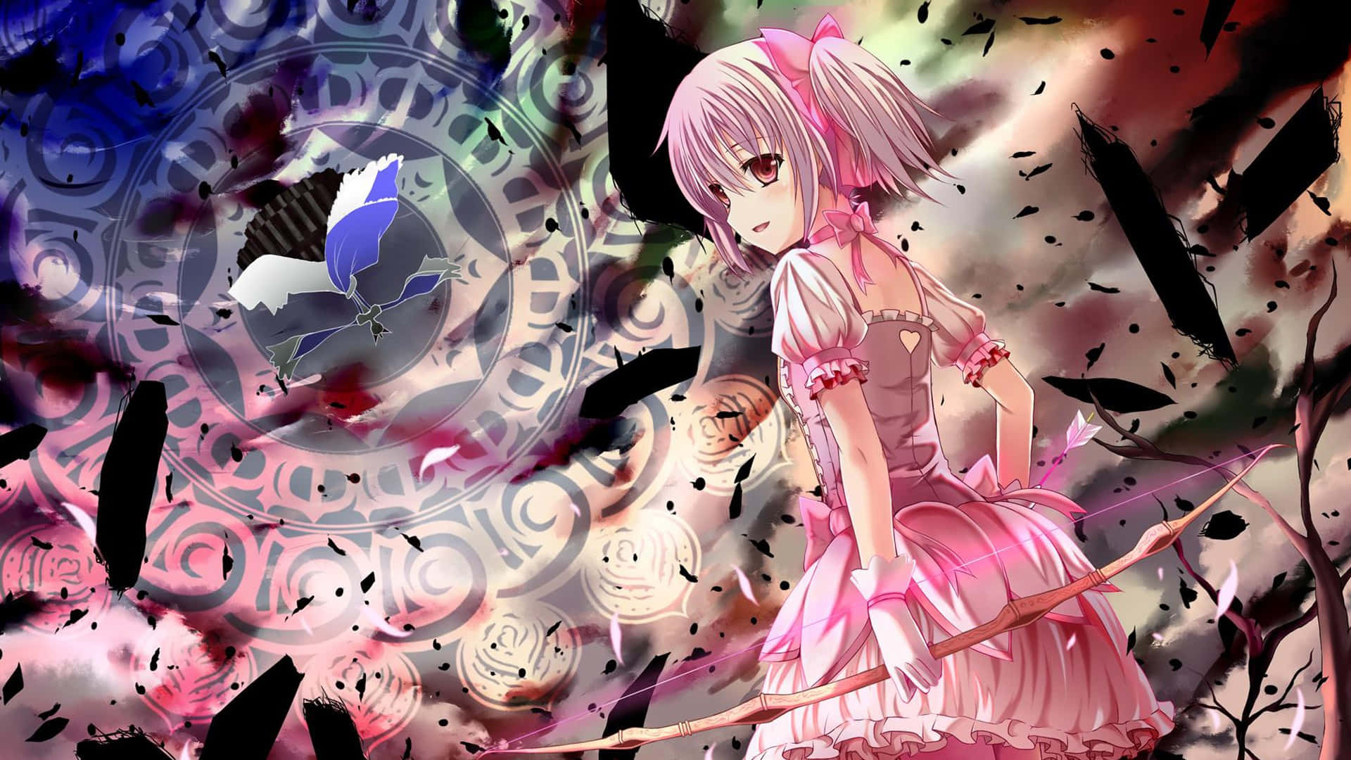 Madoka Magica 桌布 壁紙 — 一位粉紅色頭髮的動漫女孩穿著荷葉邊連衣裙，在旋轉的黑暗魔法和破碎的符號中手持弓。