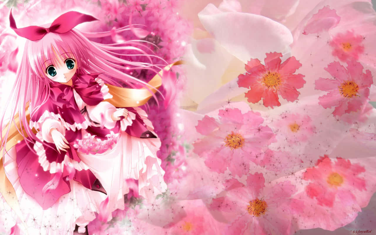 Anime Flower 桌布 壁紙 — 一位粉紅色頭髮的動漫女孩穿著荷葉邊連衣裙，站在漫天飛舞的粉紅色花朵中，帶有發光的高光。