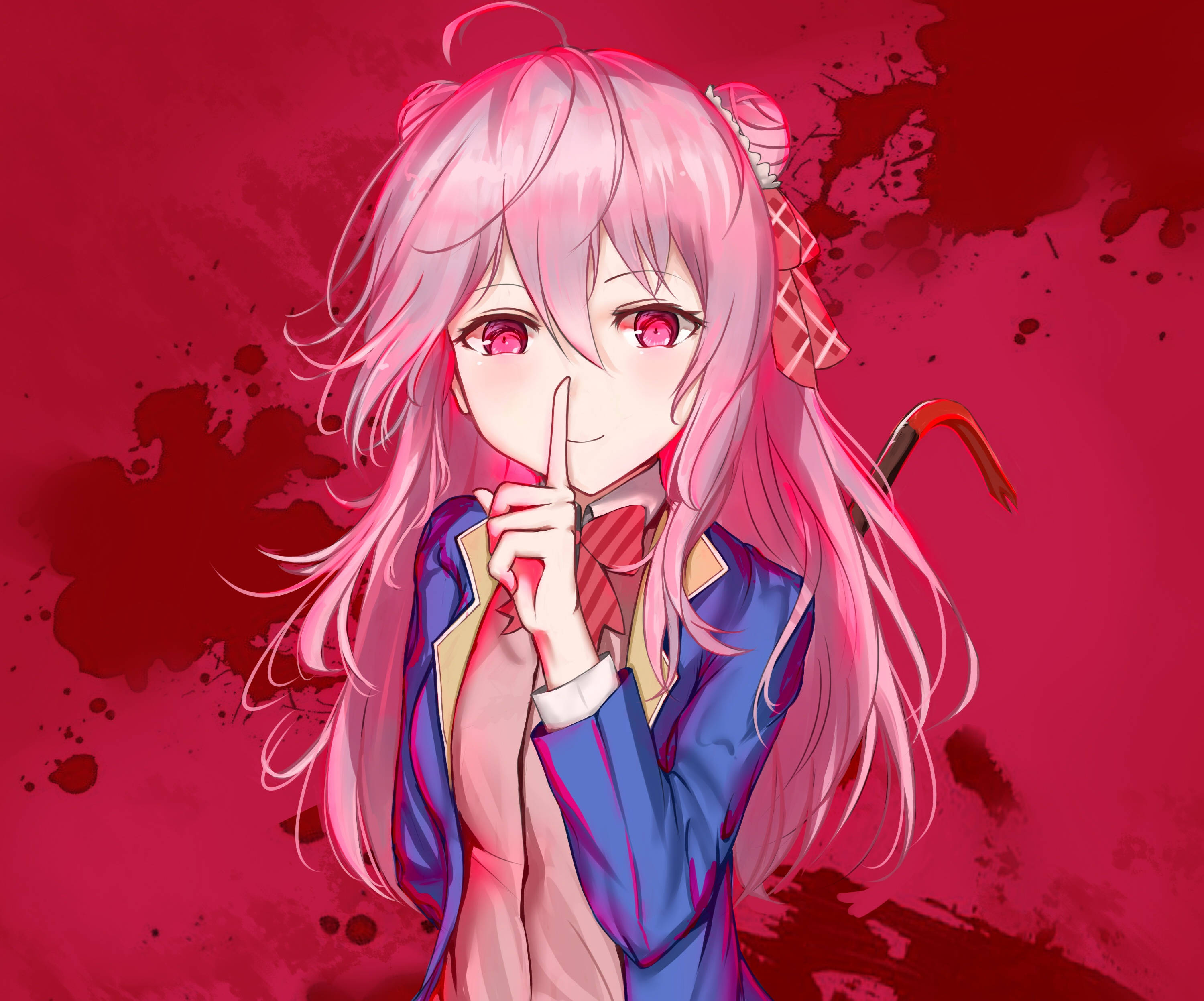 life 桌布 壁紙 — 一位粉紅色頭髮的動漫女孩穿著藍色校服，在紅色飛濺背景上眨眼並將手指放在嘴唇上。