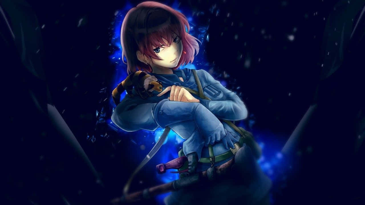 Anime Girl Black Hair 桌布 壁紙 — 一位粉紅色頭髮的動漫女孩穿著藍色盔甲，在黑暗背景中盤腿坐在發光的藍色能量和飄落的粒子之間。