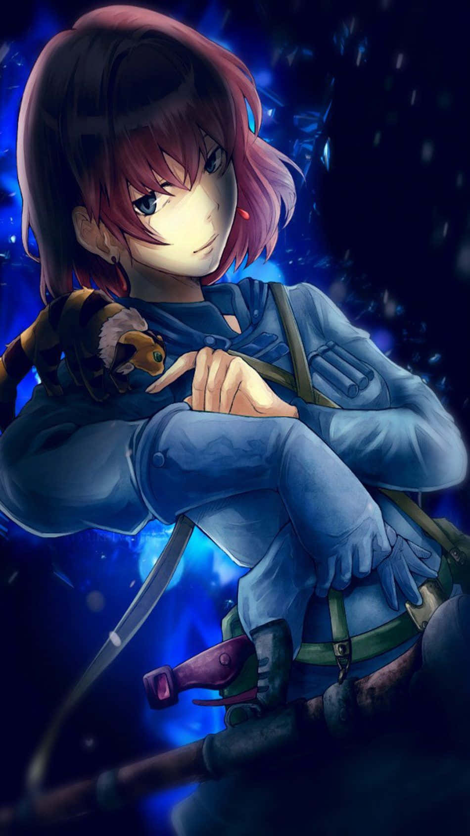 漫畫gif 桌布 壁紙 — 一位粉紅色頭髮的動漫女孩穿著藍色軍裝，在發光的藍色宇宙背景下抱著一個小生物。