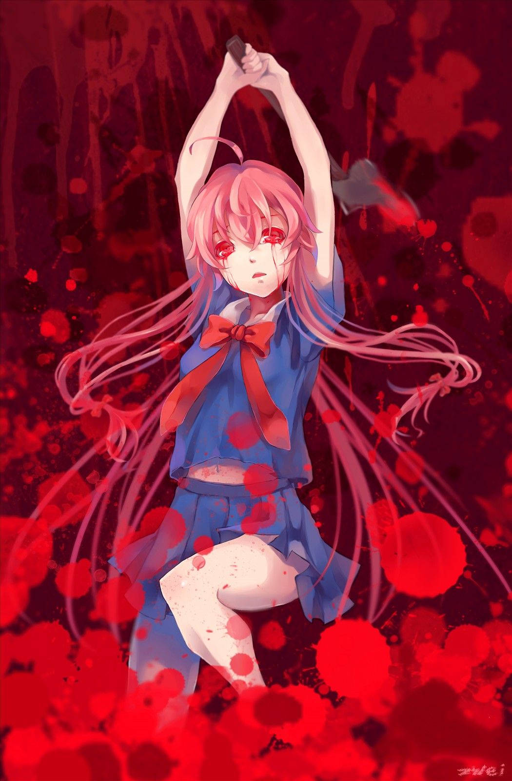 Yuno 桌布 壁紙 — 一位粉紅色頭髮的動漫女孩穿著藍色校服，在血紅色的背景中將刀高舉過頭頂。