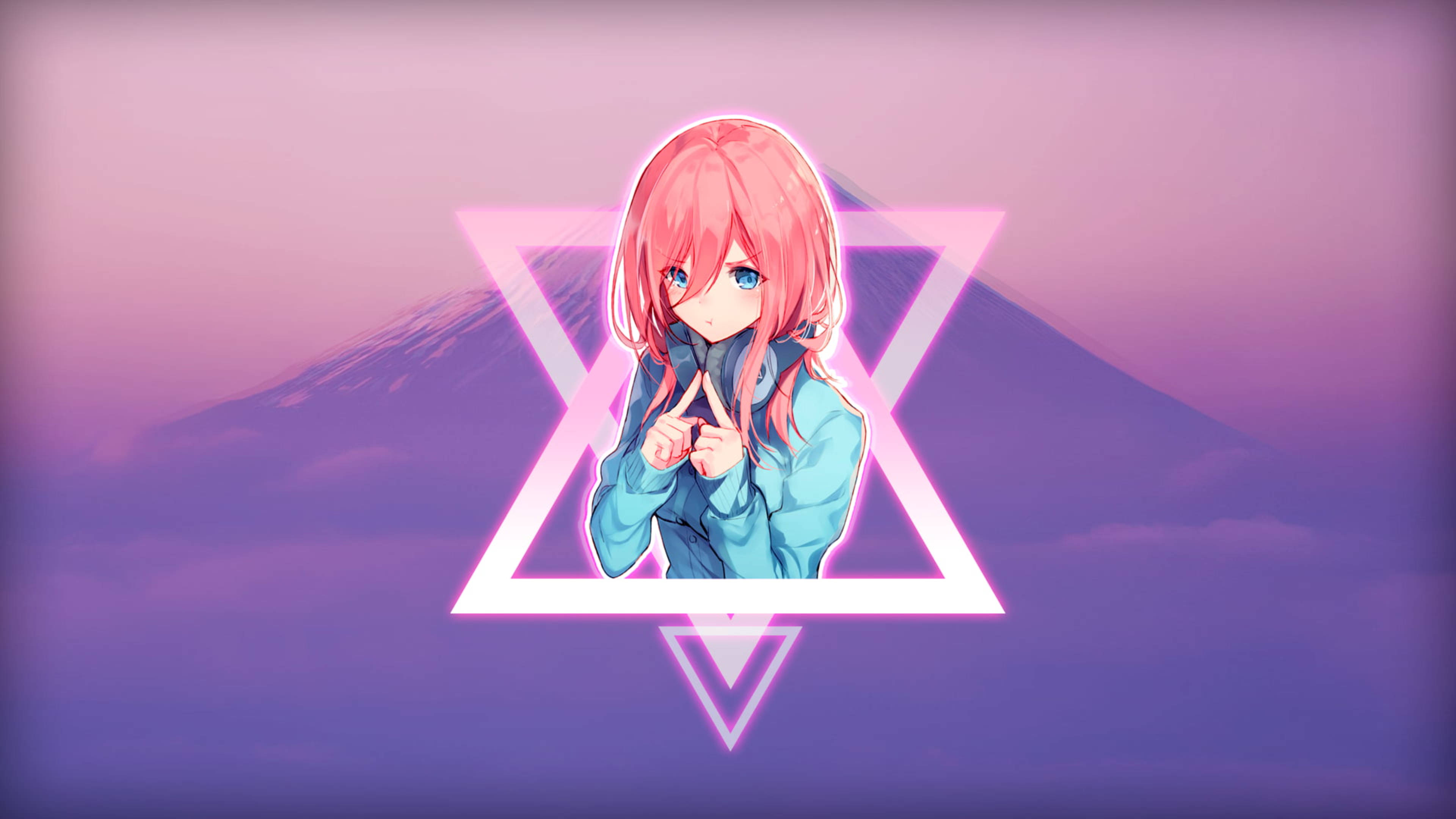 miku 桌布 壁紙 — 一位粉紅色頭髮的動漫女孩穿著藍色外套，站在發光的粉紅色三角形內，背景是紫色的山脈。