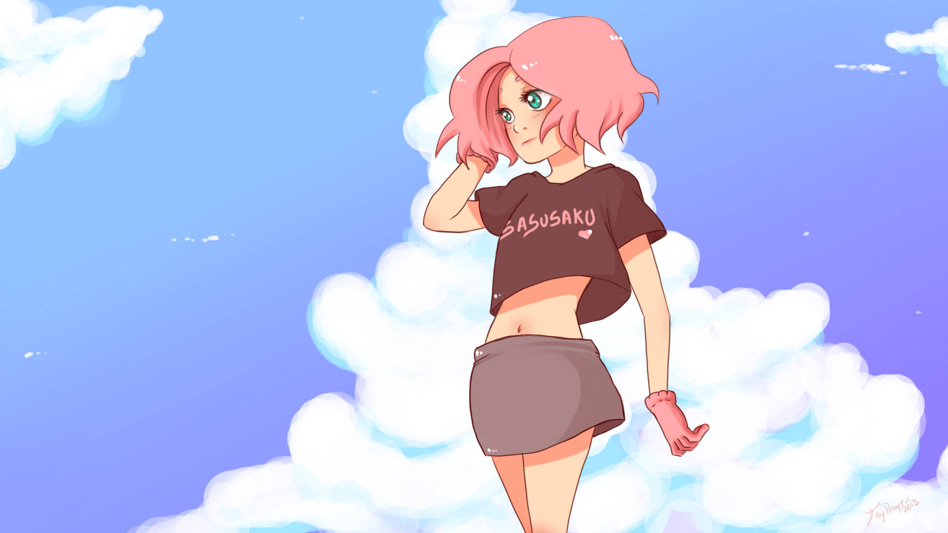 Sakura Haruno 桌布 壁紙 — 一位粉紅色頭髮的動漫女孩穿著露臍上衣和裙子，自信地站在柔軟的雲朵上，背景是柔和的藍天。
