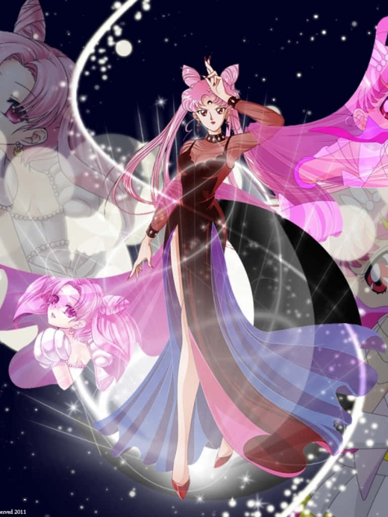 Sailor Moon iPad 桌布 壁紙 — 一位粉紅色頭髮的動漫女孩穿著飄逸的長袍，漂浮在閃爍的星星之間，幽靈般的分身在她周圍旋轉。