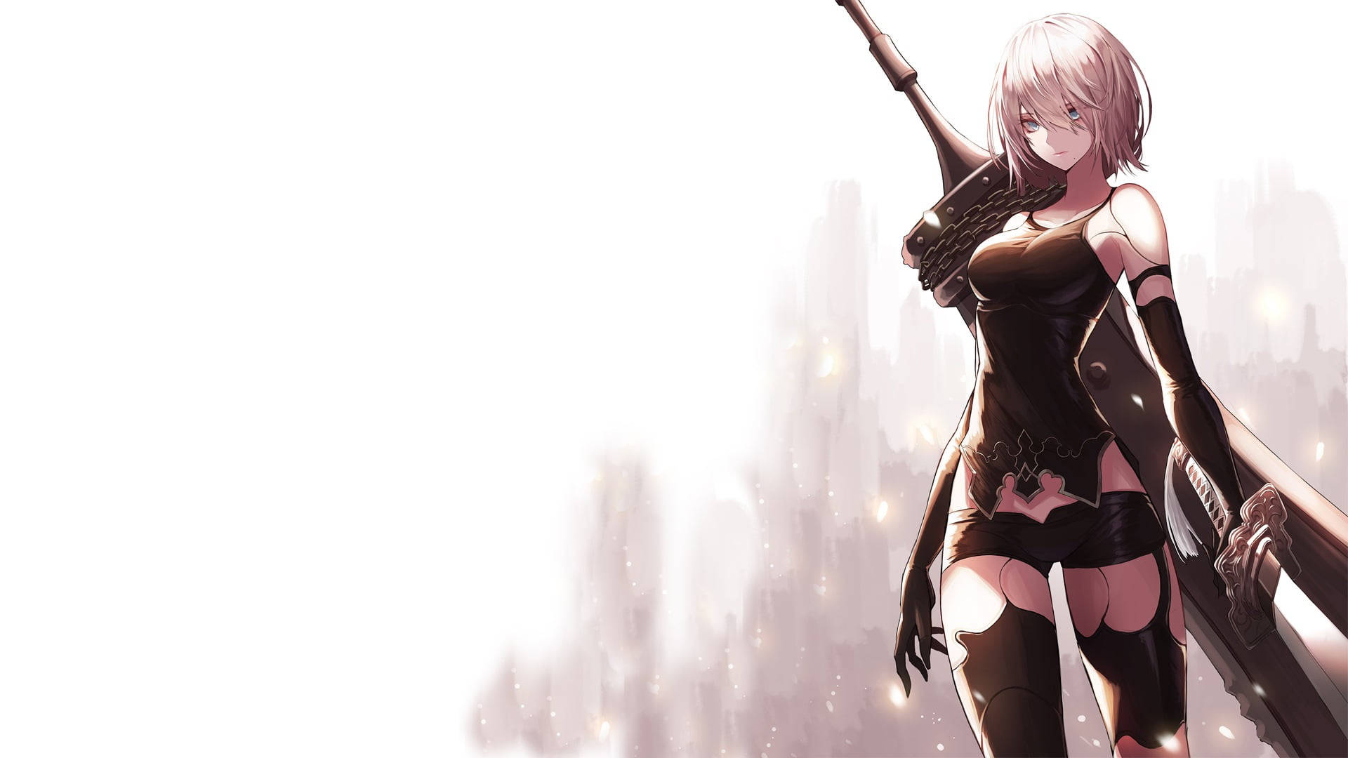 Nier Automata 4K 桌布 壁紙 — 一位粉紅色頭髮的動漫女孩穿著黑色戰鬥裝備，手持大型武器，背景是發光的城市天際線。
