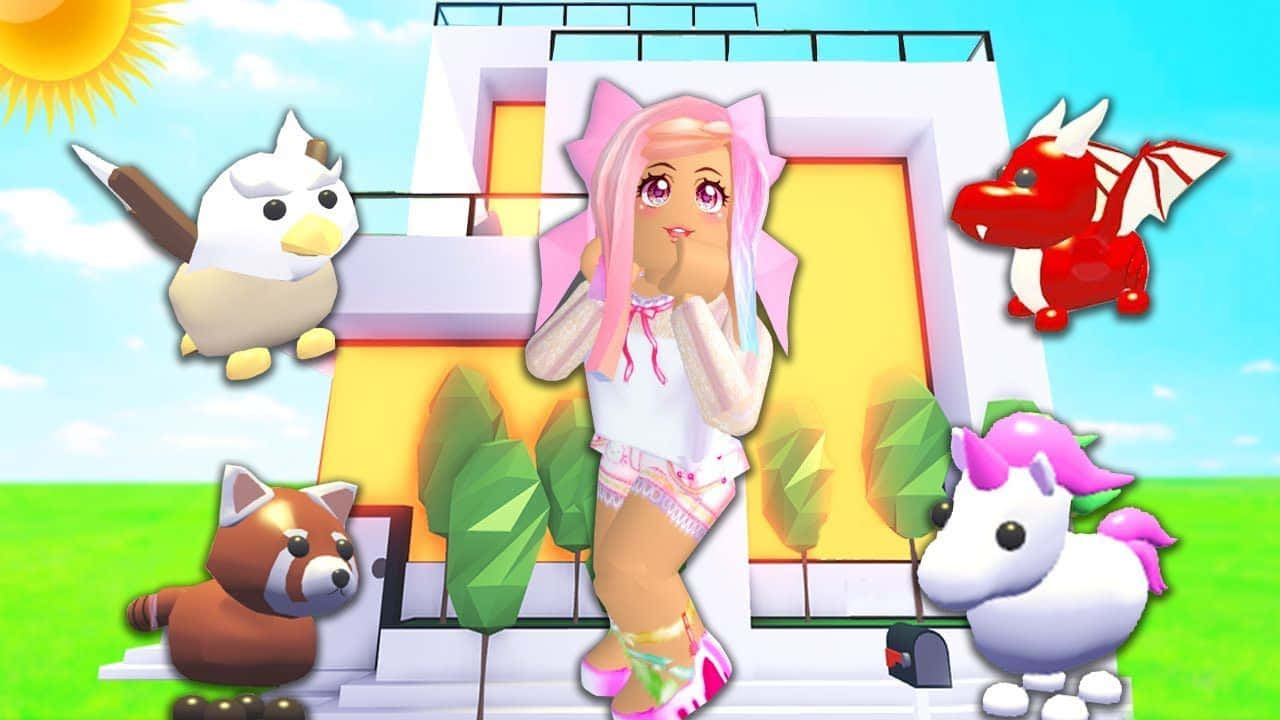 Roblox 桌布 壁紙 — 一位粉紅色頭髮的動漫女孩站在一棟現代房屋前，一頭紅龍、獨角獸、浣熊和鳥漂浮在她周圍。