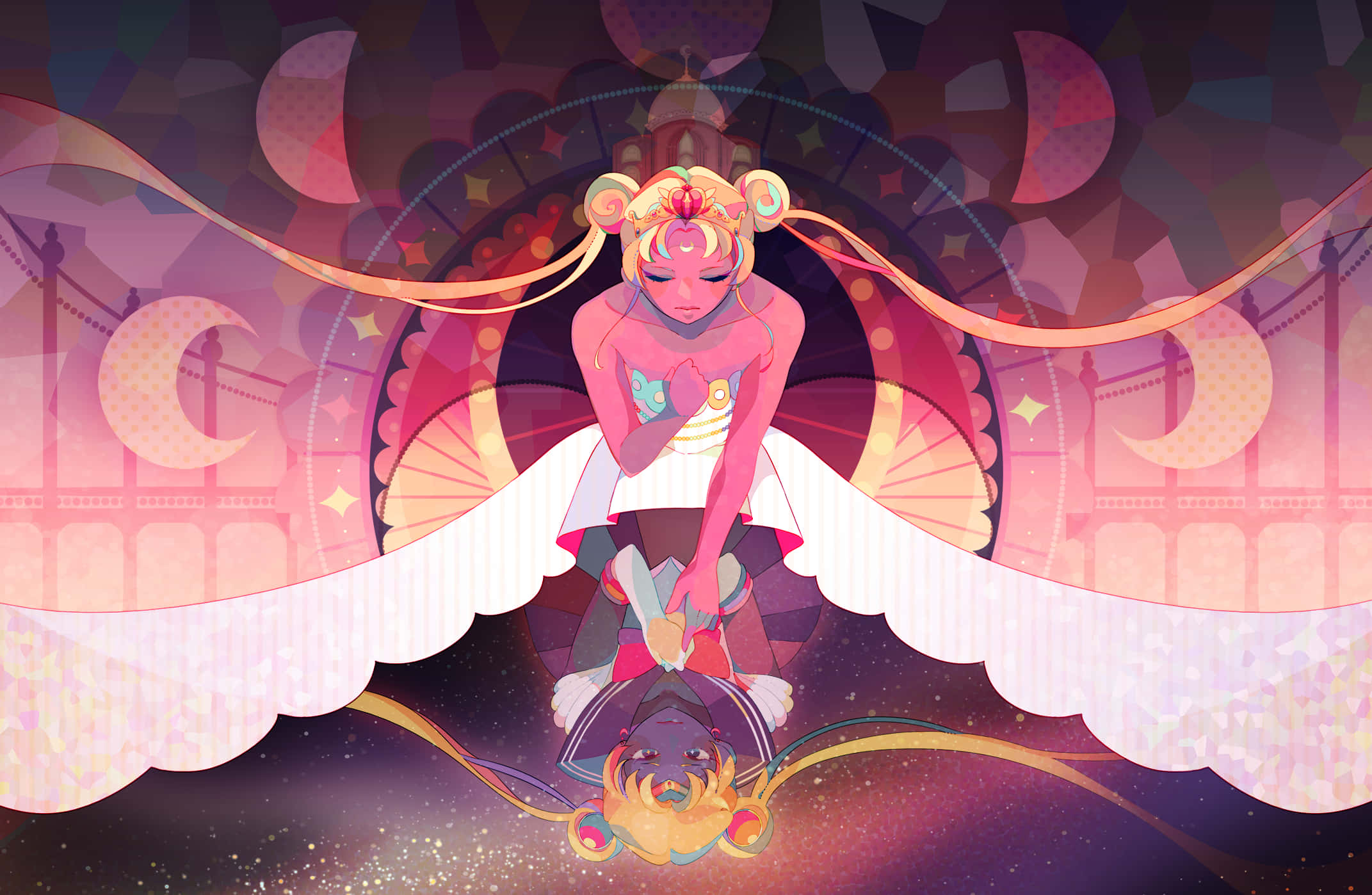 Aesthetic Sailor Moon 桌布 壁紙 — 一位粉紅色頭髮的動漫女孩長著翅膀，坐在新月形的王座上，背景是宇宙般的粉紅色和紫色。