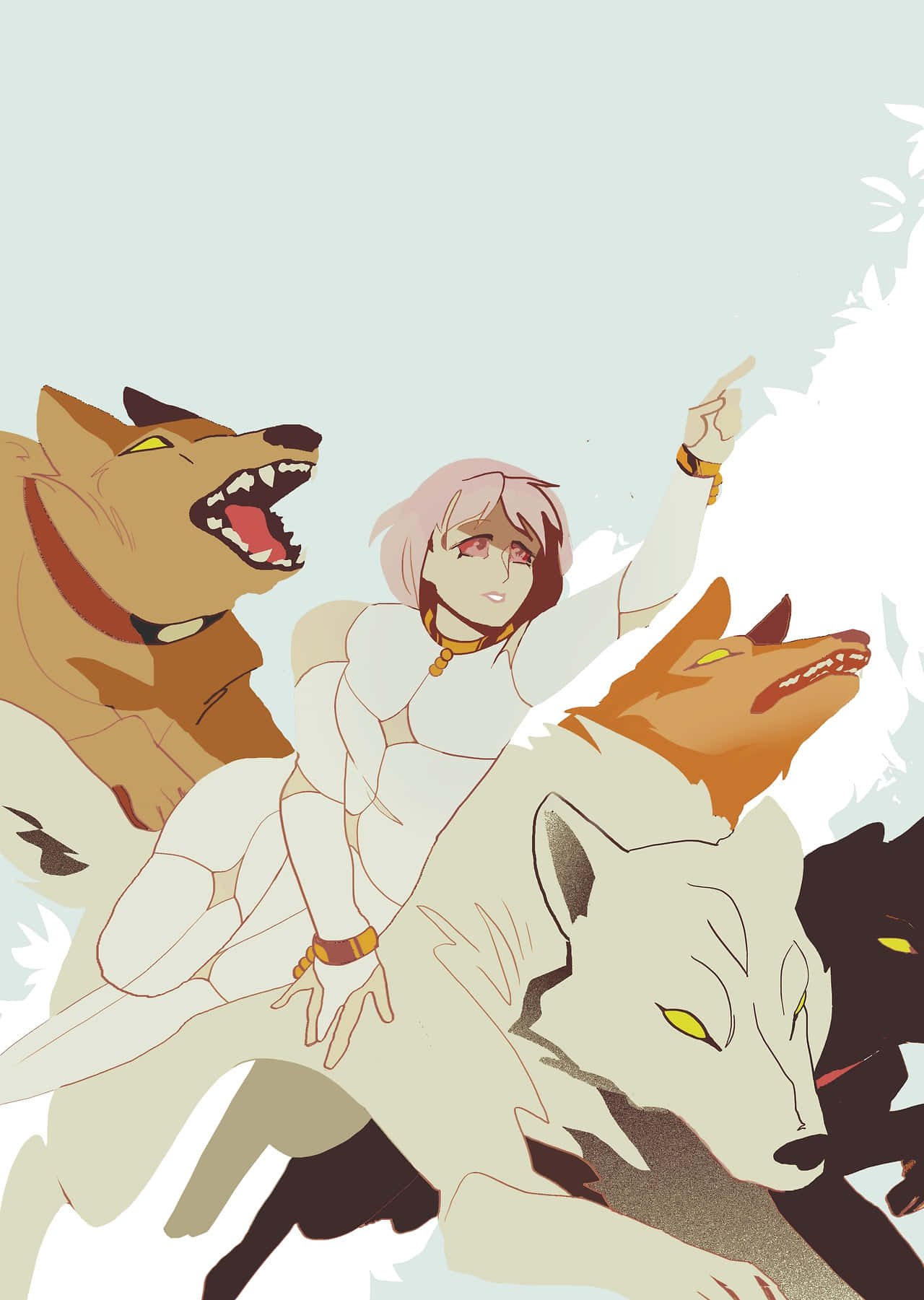 Wolf's Rain Cheza 桌布 壁紙 — 一位粉紅色頭髮的動漫女孩騎著一群咆哮的狼，背景是蒼白的天空和風格化的樹葉。