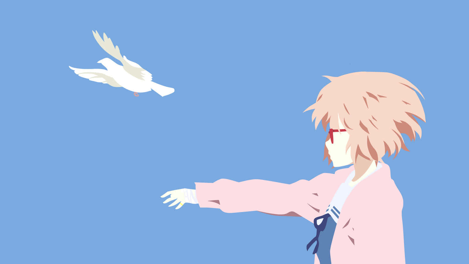 Mirai 桌布 壁紙 — 一位粉紅色頭髮的動漫女學生穿著校服，在晴朗的藍天下輕輕放出一隻白鴿。